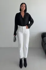 Fringe Ending High Rise Mom Fit Jean with Rhinestones on Legs 1890-50-(28-33) White