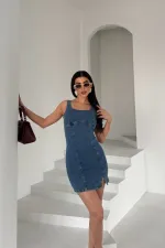 Fermuarlı Mini Kot Elbise 3028-27-(XS-L) Fermuarlı Mini Kot Elbise 3028-27-(XS-L)