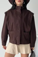 Denim Jacket with Stud Details 6253-78-(S-L-3) Brown
