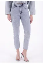 Çapraz Taşlı Mom Fit Kot Pantolon 7054-08-(28-33)