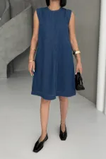 Sleeveless Oversize Denim Dress with Pocket 3043-26-(S-XL-6) Regular Dark Blue