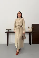 Buttoned Classic Long Denim Dress 3034-65-(S-XL) Stone