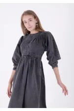 Omuzları Pileli Uzun Kot Elbise 3025-40-(S-M-5) Omuzları Pileli Uzun Kot Elbise 3025-40-(S-M-5)