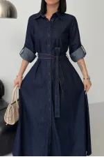 Düğmeli Uzun Boy Kot Elbise  3047-17-(S-XL)
