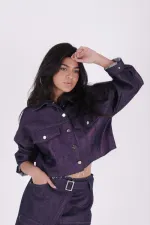 Short Oversize Denim Jacket 651-55-(S-L-3) Purple Coated Glitter Short Oversize Denim Jacket 651-55-(S-L-3) Purple Coated Glitter