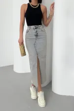 Fringe Finish Denim Medium Skirt with Front Slit 1022-18-(XS-XL-5) Middle Blue Snow Fringe Finish Denim Medium Skirt with Front Slit 1022-18-(XS-XL-5) Middle Blue Snow