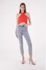 Fringe Ending High Waisted Mom Fit Jean  764-08-(30-36) Snow Light Blue