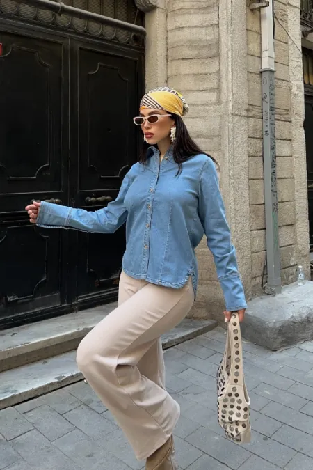Kol Manşet Detaylı Kot Gömlek 6150-27-(S-XL) Kol Manşet Detaylı Kot Gömlek 6150-27-(S-XL)