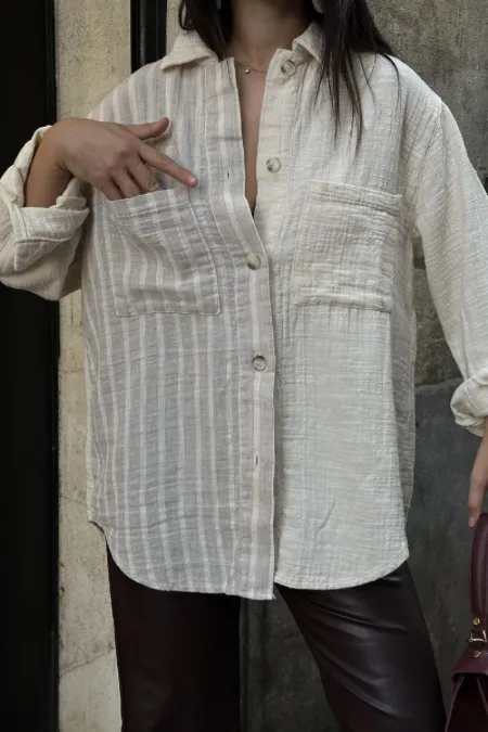 Oversized Shirt with Striped Pattern 6206-80-(S+L+3) Natural
