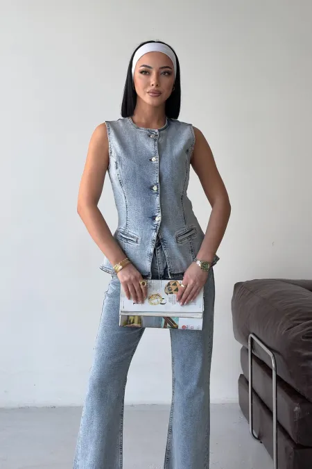 Denim Vest with Slit Front 6086-08-(S-XL) Snow Light Blue