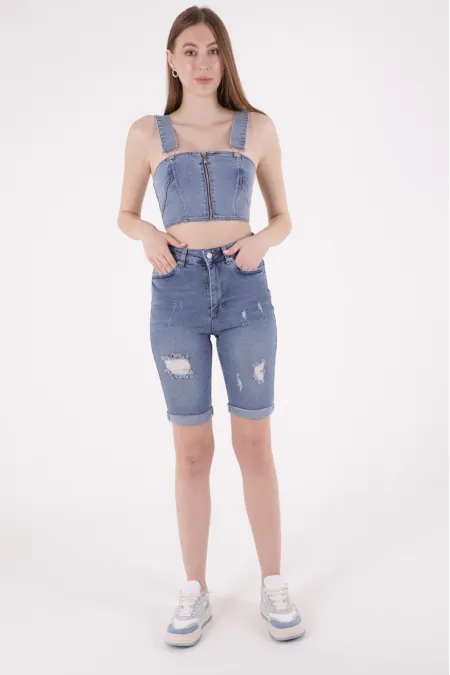 Denim Short with Double Folded Bottom Ending 296-06-(S-XL-6) Middle Blue Denim Denim Short with Double Folded Bottom Ending 296-06-(S-XL-6) Middle Blue Denim