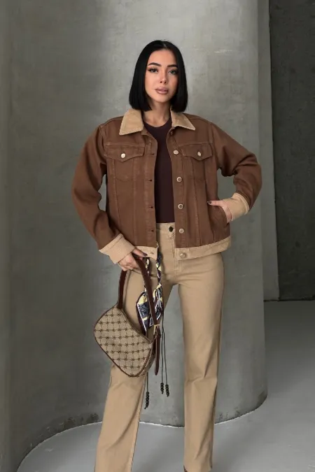 Kadife Detaylı Klasik Kot Ceket 6138-78-(S-XL)