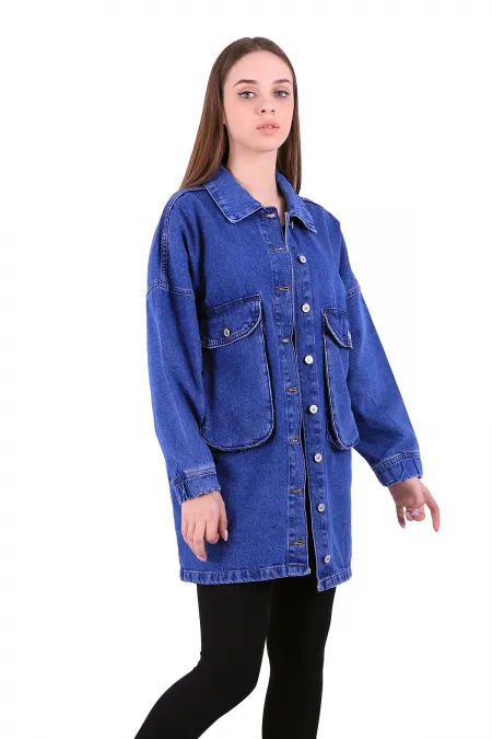 Long Balloon Denim Jacket with Pocket 688-01-(S-L-5) Dark Blue Denim Long Balloon Denim Jacket with Pocket 688-01-(S-L-5) Dark Blue Denim
