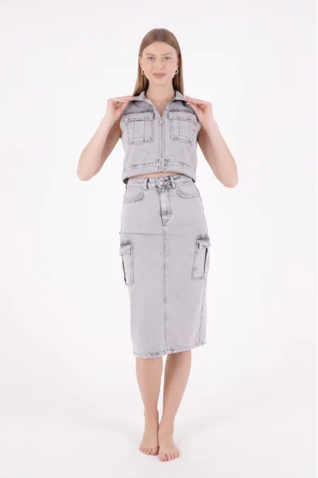 Fermuarlı Mini Kot Yelek  6018-32-(S-L-5)