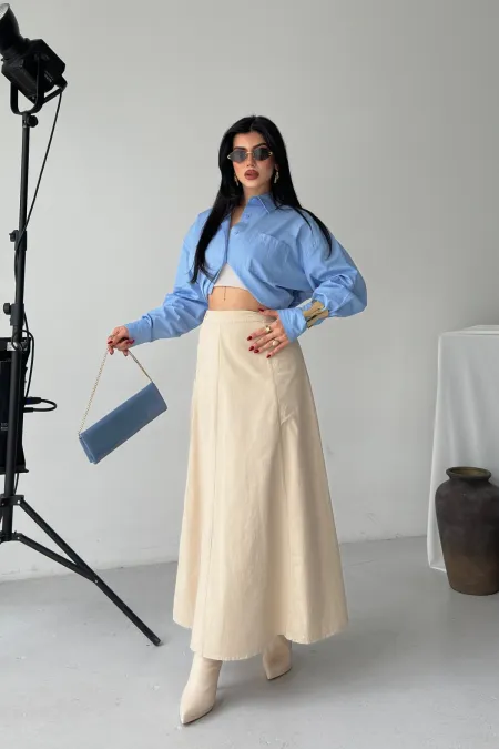 Ruffled Long Skirt with Elasticated Waist  1063-65-(36-44) Stone