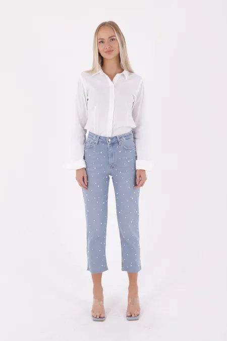 İnci Detaylı Mom Fit Kot Pantolon 1899-15-(26-31) İnci Detaylı Mom Fit Kot Pantolon 1899-15-(26-31)