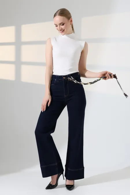 Palazzo Jeans with Hem Detail 7164-17-(27-30-4) Slubbed Navy Blue