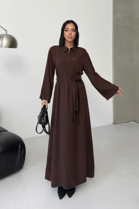 Belted Long Denim Dress 3035-78-(S-XL) Brown