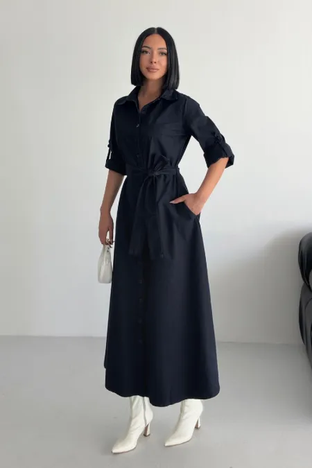 Düğmeli Uzun Boy Kot Elbise 3047-73-(S-XL) Düğmeli Uzun Boy Kot Elbise 3047-73-(S-XL)