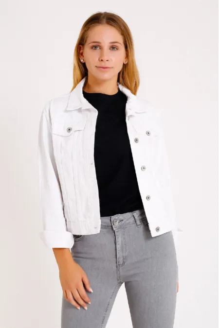 Classic Short Denim Jacket with Collar 640-50-(S-XL) White Classic Short Denim Jacket with Collar 640-50-(S-XL) White