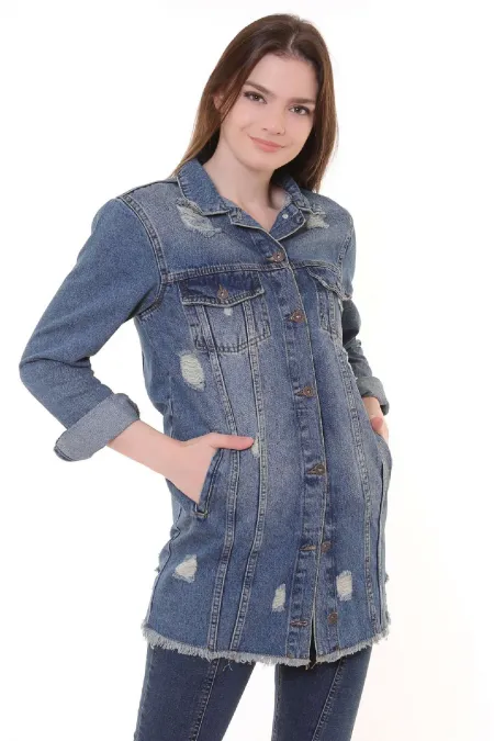 Fringe Finish Boyfriend Denim Jacket 679-62-(S-XL-6) Middle Blue - Tinted Fringe Finish Boyfriend Denim Jacket 679-62-(S-XL-6) Middle Blue - Tinted