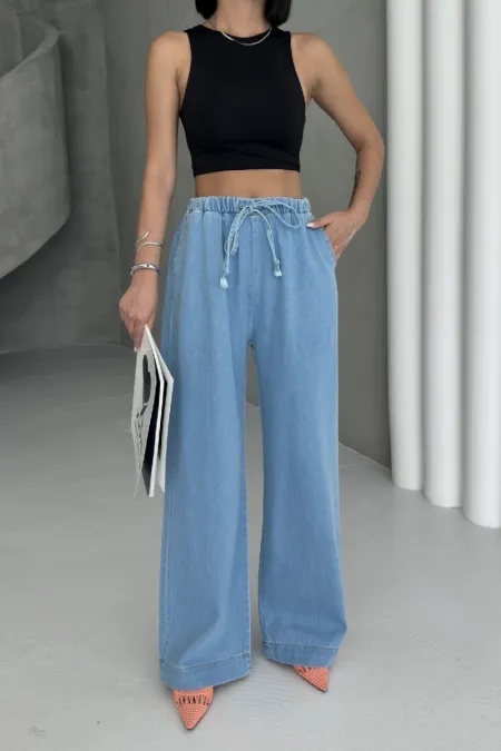 Elastic Waist Palazzo Jean 7076-25-(S-XL) Middle Blue