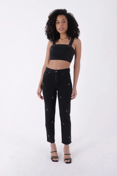 İncili Çiçek Desenli Mom Fit Kot Pantolon 7022-23-(28-33) İncili Çiçek Desenli Mom Fit Kot Pantolon 7022-23-(28-33)