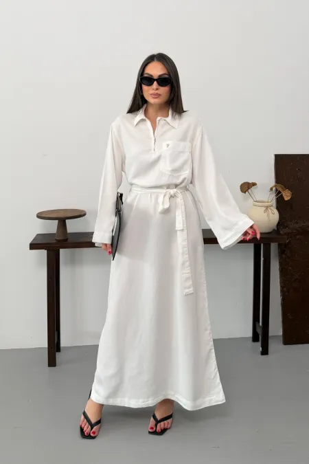 Kuşaklı Uzun Kot Elbise  3035-51-(S-XL)