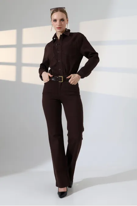 Classic Denim Jumpsuit with Elasticated Waist 3037-78-(S-XL) Brown
