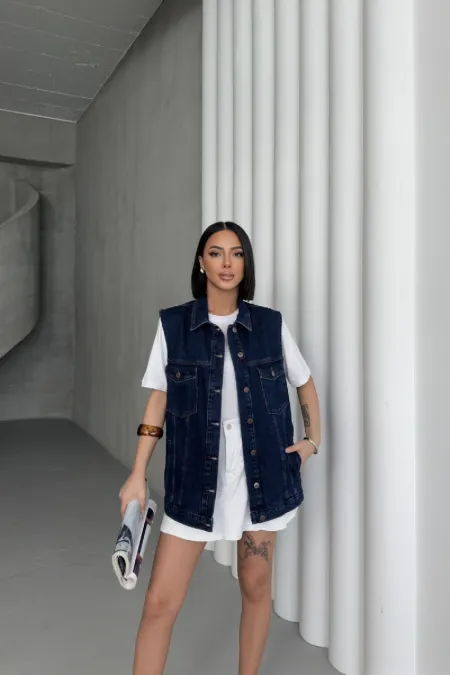 Gilet en denim mi-long 6053-26-(SL-4)