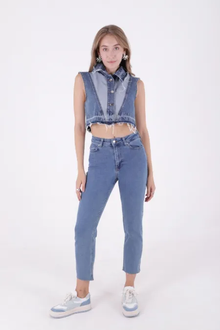 Fringe Ending High Waisted Mom Fit Jean  764-27-(32-36) Rinsed Blue