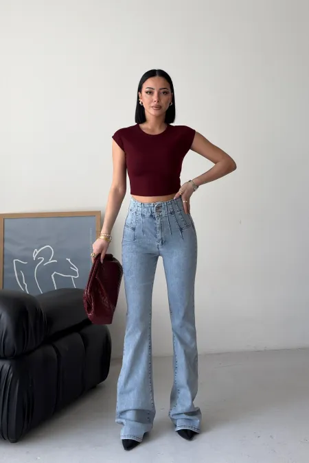 Flared Jeans with Darts on Front Waist 7021-08-(27-32) Snow Light Blue Flared Jeans with Darts on Front Waist 7021-08-(27-32) Snow Light Blue