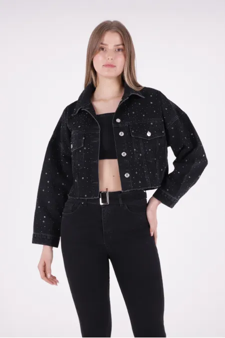 Oversize Short Denim Jacket with Stars and Rhinestones 6005-23-(S-L-5) Regular Anthracite Oversize Short Denim Jacket with Stars and Rhinestones 6005-23-(S-L-5) Regular Anthracite
