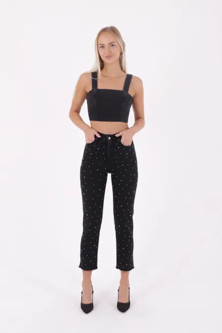 İnci Detaylı Mom Fit Kot Pantolon 1899-23-(28-33) İnci Detaylı Mom Fit Kot Pantolon 1899-23-(28-33)