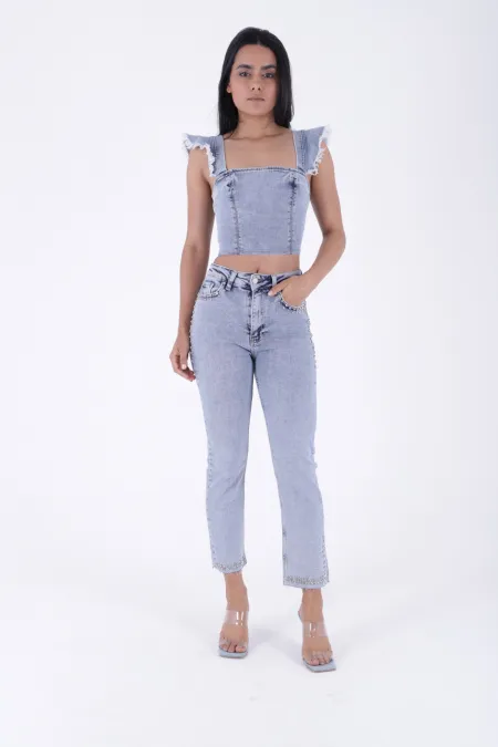 Taşlı Mom Fit Kot Pantolon 7023-08-(28-33)