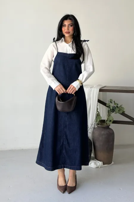 Strappy Relax Dress 3085-17-(S-XL) Slubbed Navy Blue Strappy Relax Dress 3085-17-(S-XL) Slubbed Navy Blue