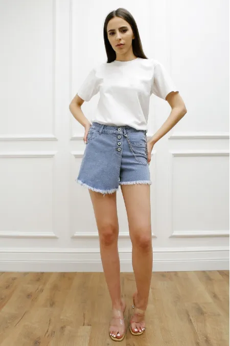 Short Denim Skirt with Four Buttons and Side Chain 297-42-(S-XL-6) Ice Blue - Tinted Short Denim Skirt with Four Buttons and Side Chain 297-42-(S-XL-6) Ice Blue - Tinted