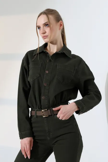 Classic Denim Jumpsuit with Elasticated Waist 3037-97-(S-L-3) Pine Green