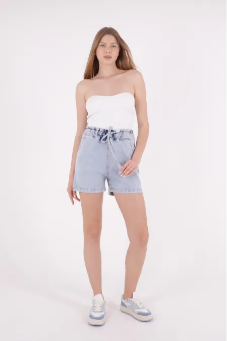 Elasticated Waist Denim Short with Lace-up 232-08-(S-XL-6) Snow Light Blue Elasticated Waist Denim Short with Lace-up 232-08-(S-XL-6) Snow Light Blue
