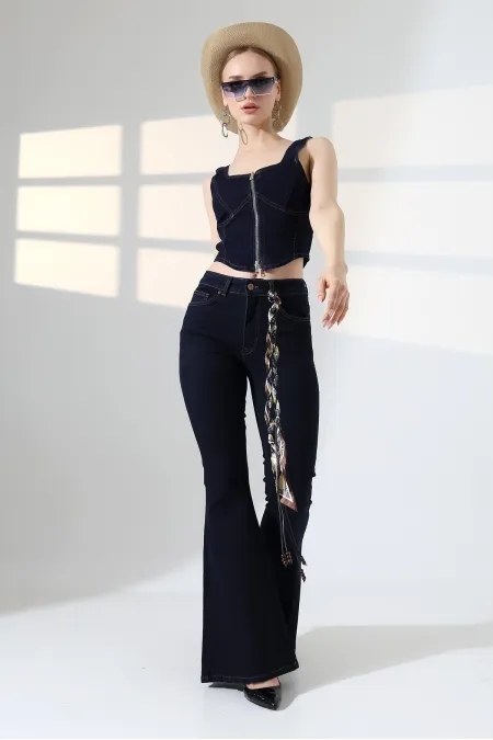 Wide Leg Flared Jean 7067-17-(27-32) Slubbed Navy Blue