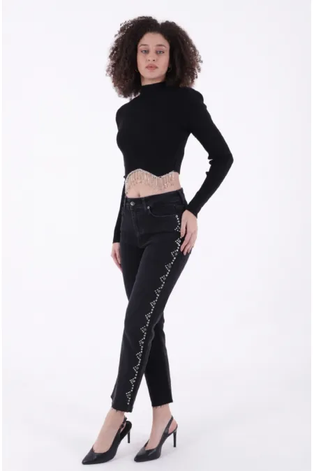 Yanları Droplı Mom Fit Kot Pantolon  7039-23-(26-31)