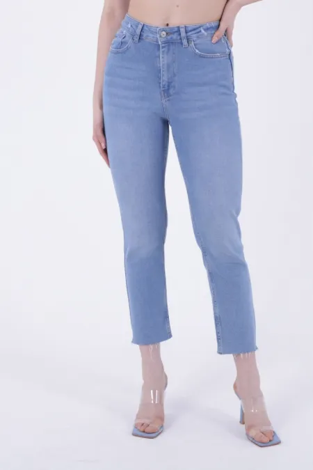 Fringe Ending High Waisted Mom Fit Jean 764-15-(26-29) Light Blue Denim