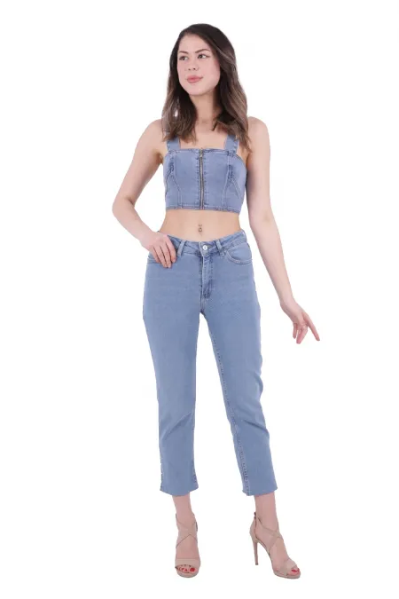 Yanı Yırtmaçlı Flare Paça Mom Kot Pantolon  1774-15-(28-33)