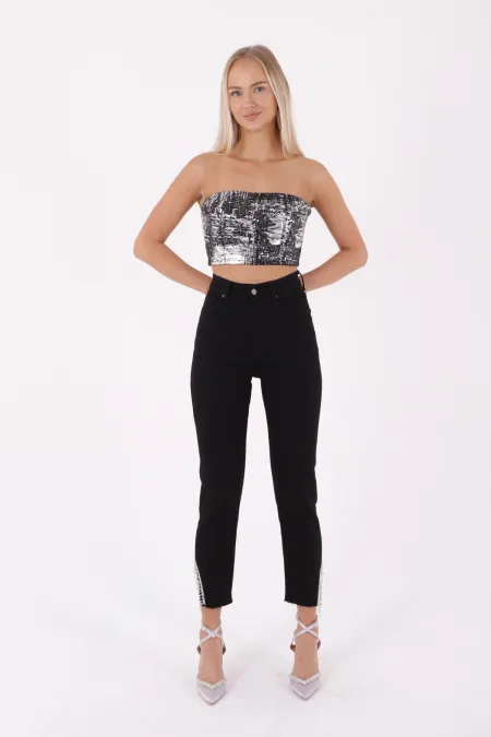 Taşlı Asimetrik Paça Pantolon 1881-07-(26-31) Taşlı Asimetrik Paça Pantolon 1881-07-(26-31)