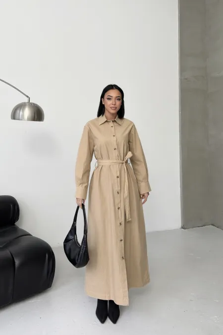 Buttoned Classic Long Denim Dress 3034-70-(S+L+3) Camel