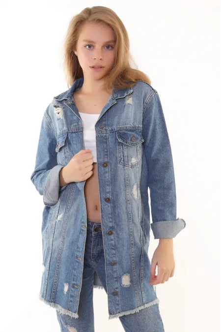 Fringe Finish Boyfriend Denim Jacket 679-01-(S-XL-6) Dark Blue Denim Fringe Finish Boyfriend Denim Jacket 679-01-(S-XL-6) Dark Blue Denim