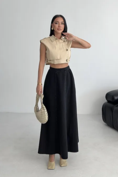Ruffled Long Skirt with Elasticated Waist 1063-23-(36-44) Regular Anthracite
