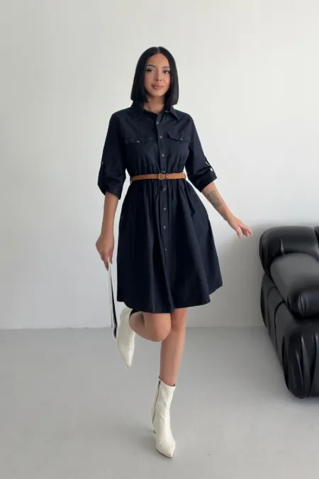 Büzgü Detaylı Kısa Kot Elbise 3040-73-(S-XL) Büzgü Detaylı Kısa Kot Elbise 3040-73-(S-XL)