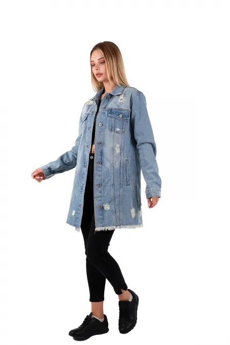 Fringe Finish Boyfriend Denim Jacket 679-42-(S-XL-6) Ice Blue - Tinted Fringe Finish Boyfriend Denim Jacket 679-42-(S-XL-6) Ice Blue - Tinted