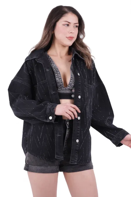 Taşlı Oversize Kot Gömlek 6006-23-(STD-4) Taşlı Oversize Kot Gömlek 6006-23-(STD-4)